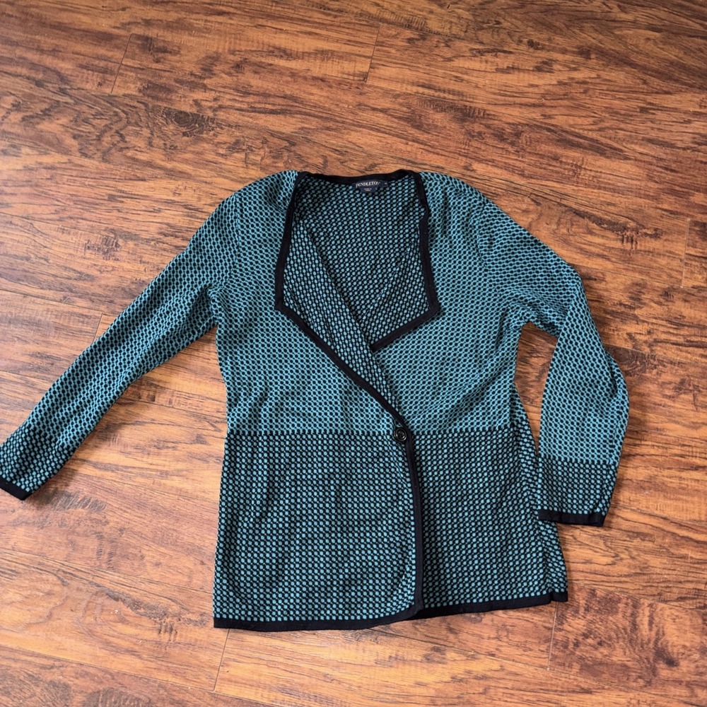 Pendleton Cotton Houndstooth Womens Cardigan Black & Green Classic Sweater 1X